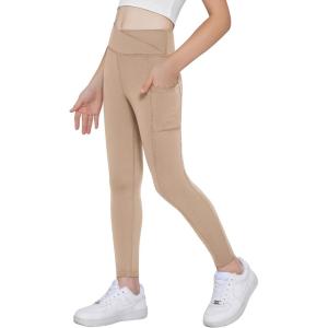 Arshiner Girls Athletic Leggings with Pockets Kids Crossover High Waisted Dance Workout Running Yoga Pants(Khaki)
