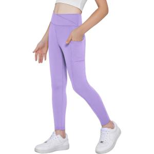 Arshiner Girls Athletic Leggings with Pockets Kids Crossover High Waisted Dance Workout Running Yoga Pants(Purple)