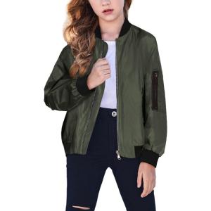 Arshiner Girls Bomber Jacket Casual Coat Zip Up Outerwear with Pockets for 4-12 Years(Army Green)