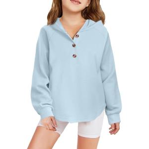 Arshiner Girls Button Up Hoodies Kids Casual V Neck Sweatshirt Girl Long Sleeve Shirts Tunic Tops Curved Hem 5-13 Years(Blue)