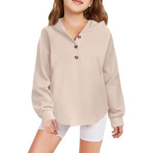 Arshiner Girls Button Up Hoodies Kids Casual V Neck Sweatshirt Girl Long Sleeve Shirts Tunic Tops Curved Hem 5-13 Years(Khaki)