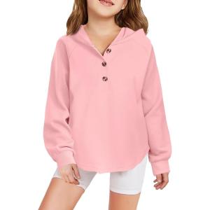 Arshiner Girls Button Up Hoodies Kids Casual V Neck Sweatshirt Girl Long Sleeve Shirts Tunic Tops Curved Hem 5-13 Years(Pink)
