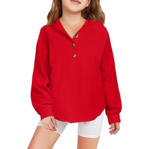 Arshiner Girls Button Up Hoodies Kids Casual V Neck Sweatshirt Girl Long Sleeve Shirts Tunic Tops Curved Hem 5-13 Years(Red)