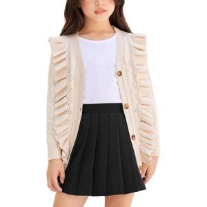 Arshiner Girls Cardigan Sweaters Ruffle School Uniform Sweater V Neck Button Front Outerwear 4-13 Years(Beige)