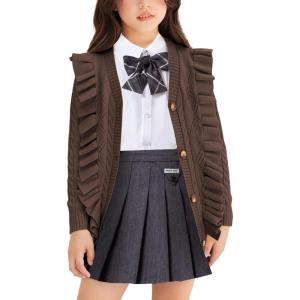 Arshiner Girls Cardigan Sweaters Ruffle School Uniform Sweater V Neck Button Front Outerwear 4-13 Years(Brown)