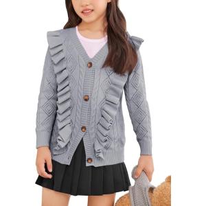 Arshiner Girls Cardigan Sweaters Ruffle School Uniform Sweater V Neck Button Front Outerwear 4-13 Years(Light Grey)