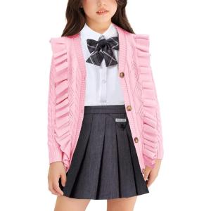 Arshiner Girls Cardigan Sweaters Ruffle School Uniform Sweater V Neck Button Front Outerwear 4-13 Years(Pink)