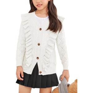 Arshiner Girls Cardigan Sweaters Ruffle School Uniform Sweater V Neck Button Front Outerwear 4-13 Years(White)