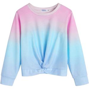 Arshiner Girls Casual Twist Front Lightweight Sweatshirt Tie Dye Printed Long Sleeve Crop Tops Pullover(Pink/Blue Print)
