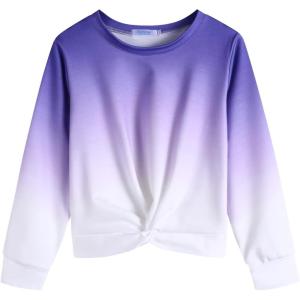 Arshiner Girls Casual Twist Front Lightweight Sweatshirt Tie Dye Printed Long Sleeve Crop Tops Pullover(Purple/White Tie Dye)