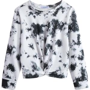 Arshiner Girls Casual Twist Front Lightweight Sweatshirt Tie Dye Printed Long Sleeve Crop Tops Pullover(Tie Dye Black & White)