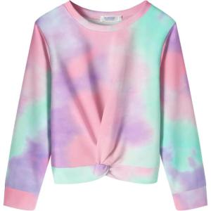 Arshiner Girls Casual Twist Front Lightweight Sweatshirt Tie Dye Printed Long Sleeve Crop Tops Pullover(Tie Dye Purple & Pink)