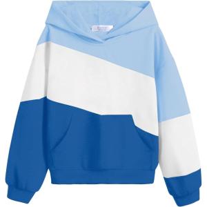 Arshiner Girls Color Block Hoodies Colorblock Sweatshirt Fall Hooded Sweatshirts Hoodies for Teen Girls with Pockets(Light Blue&white&dark Blue)