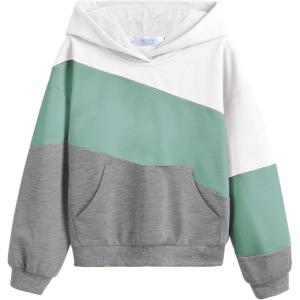 Arshiner Girls Color Block Hoodies Colorblock Sweatshirt Fall Hooded Sweatshirts Hoodies for Teen Girls with Pockets(White&green&gray)