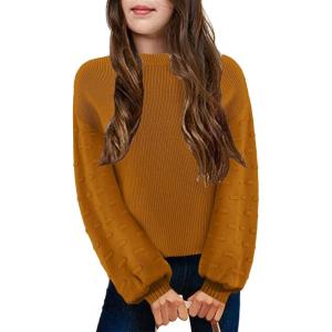 Arshiner Girls Crewneck Sweaters Chunky Lantern Sleeve Knit Jumper Tops Casual Drop Shoulder Pullover Outwear for 5-13 Years(Brown)