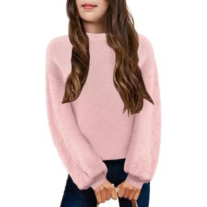 Arshiner Girls Crewneck Sweaters Chunky Lantern Sleeve Knit Jumper Tops Casual Drop Shoulder Pullover Outwear for 5-13 Years(Light Pink)