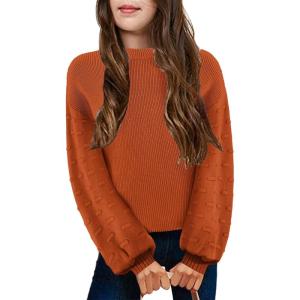 Arshiner Girls Crewneck Sweaters Chunky Lantern Sleeve Knit Jumper Tops Casual Drop Shoulder Pullover Outwear for 5-13 Years(Orange)