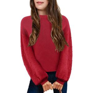 Arshiner Girls Crewneck Sweaters Chunky Lantern Sleeve Knit Jumper Tops Casual Drop Shoulder Pullover Outwear for 5-13 Years(Red)