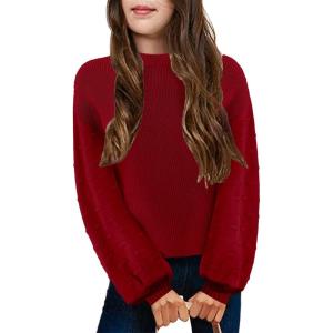Arshiner Girls Crewneck Sweaters Chunky Lantern Sleeve Knit Jumper Tops Casual Drop Shoulder Pullover Outwear for 5-13 Years(Wine Red)