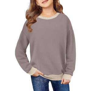 Arshiner Girls Crewneck Sweatshirt Long Sleeve Pullover Tops Drop Shoulder Sweatshirts Color Block Ribbed Trim for 5-14 Years(Coffee)