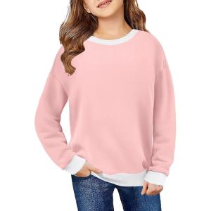 Arshiner Girls Crewneck Sweatshirt Long Sleeve Pullover Tops Drop Shoulder Sweatshirts Color Block Ribbed Trim for 5-14 Years(Pink)