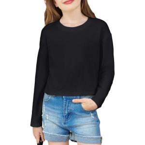 Arshiner Girls Crop Tops Long Sleeve Shirts Drop Shoulder Crewneck Casual Fashion T Shirts Tee(Black)