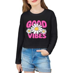 Arshiner Girls Crop Tops Long Sleeve Shirts Drop Shoulder Crewneck Casual Fashion T Shirts Tee(Black Flower)