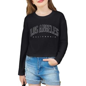 Arshiner Girls Crop Tops Long Sleeve Shirts Drop Shoulder Crewneck Casual Fashion T Shirts Tee(Black Los Angeles)