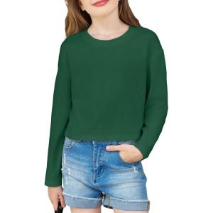 Arshiner Girls Crop Tops Long Sleeve Shirts Drop Shoulder Crewneck Casual Fashion T Shirts Tee(Green)