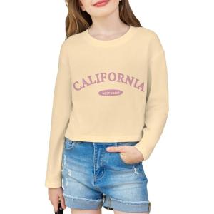 Arshiner Girls Crop Tops Long Sleeve Shirts Drop Shoulder Crewneck Casual Fashion T Shirts Tee(Khaki California)