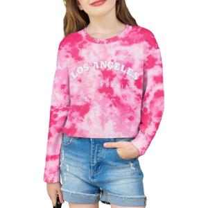 Arshiner Girls Crop Tops Long Sleeve Shirts Drop Shoulder Crewneck Casual Fashion T Shirts Tee(Tie Dye Pink)