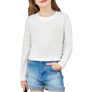 Arshiner Girls Crop Tops Long Sleeve Shirts Drop Shoulder Crewneck Casual Fashion T Shirts Tee(White)