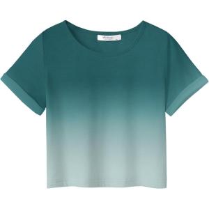 Arshiner Girls Crop Tops Short Sleeve Tie Dye Summer T Shirt Crewneck Rolled Cuffs Fashion Shirts Tee(Gradient Green)