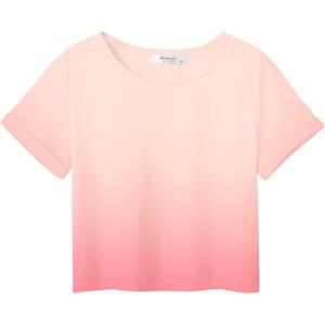 Arshiner Girls Crop Tops Short Sleeve Tie Dye Summer T Shirt Crewneck Rolled Cuffs Fashion Shirts Tee(Gradient Pink)