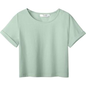 Arshiner Girls Crop Tops Short Sleeve Tie Dye Summer T Shirt Crewneck Rolled Cuffs Fashion Shirts Tee(Light Green)