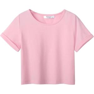 Arshiner Girls Crop Tops Short Sleeve Tie Dye Summer T Shirt Crewneck Rolled Cuffs Fashion Shirts Tee(Pink)