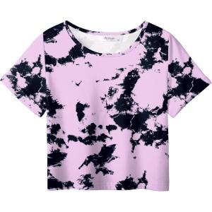 Arshiner Girls Crop Tops Short Sleeve Tie Dye Summer T Shirt Crewneck Rolled Cuffs Fashion Shirts Tee(Tie Dye Black/Lilac)