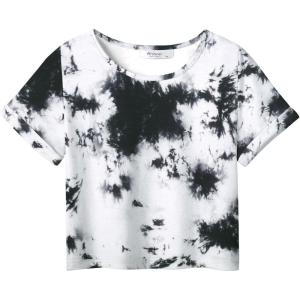 Arshiner Girls Crop Tops Short Sleeve Tie Dye Summer T Shirt Crewneck Rolled Cuffs Fashion Shirts Tee(Tie Dye Black/White)