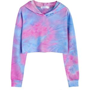 Arshiner Girls Cropped Hoodie Kids Long Sleeve Crop Tops Tie-dye Hoodies Hooded Pullover Sweatshirts 5-16 Years(A-purple & Blue)