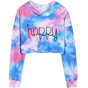 Arshiner Girls Cropped Hoodie Kids Long Sleeve Crop Tops Tie-dye Hoodies Hooded Pullover Sweatshirts 5-16 Years(Blue & Pink)