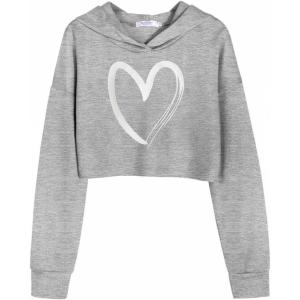 Arshiner Girls Cropped Hoodie Kids Long Sleeve Crop Tops Tie-dye Hoodies Hooded Pullover Sweatshirts 5-16 Years(Grey With Heart Pattern)
