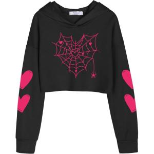 Arshiner Girls Cropped Hoodie Kids Long Sleeve Crop Tops Tie-dye Hoodies Hooded Pullover Sweatshirts 5-16 Years(Pink Spider Web  Black)