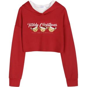 Arshiner Girls Cropped Hoodie Kids Long Sleeve Crop Tops Tie-dye Hoodies Hooded Pullover Sweatshirts 5-16 Years(Red Teddy Christmas)
