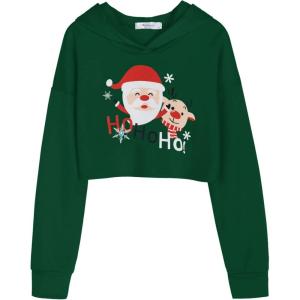 Arshiner Girls Cropped Hoodie Kids Long Sleeve Crop Tops Tie-dye Hoodies Hooded Pullover Sweatshirts 5-16 Years(Santa Claus  Green)