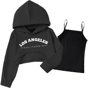 Arshiner Girls Cropped Sweatshirt Long Sleeve Shirts High Low Hem Crop Tops for Teens Kids Hoodies with Cami 5-14 Years(Black)