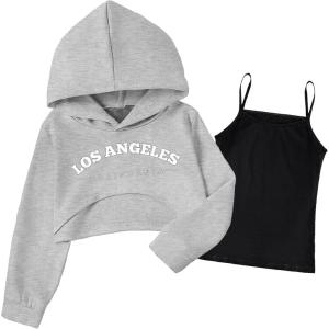 Arshiner Girls Cropped Sweatshirt Long Sleeve Shirts High Low Hem Crop Tops for Teens Kids Hoodies with Cami 5-14 Years(Grey & Black)