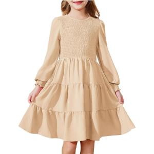 Arshiner Girls Dress Fall Boho Long Sleeve Shirred Smocked Tiered Party Dresses with Pockets(Apricot)