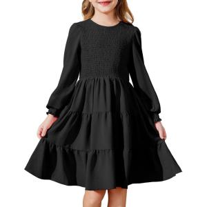 Arshiner Girls Dress Fall Boho Long Sleeve Shirred Smocked Tiered Party Dresses with Pockets(Black)
