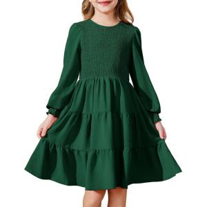 Arshiner Girls Dress Fall Boho Long Sleeve Shirred Smocked Tiered Party Dresses with Pockets(Bright Green)