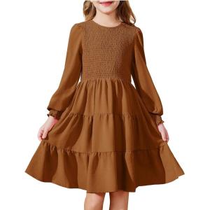 Arshiner Girls Dress Fall Boho Long Sleeve Shirred Smocked Tiered Party Dresses with Pockets(Brown)